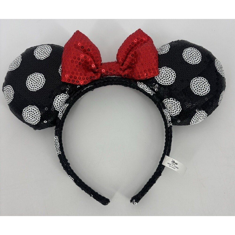 Disney Minnie Mouse Ears Headband Black Sequin White Polka Dot Red Bow